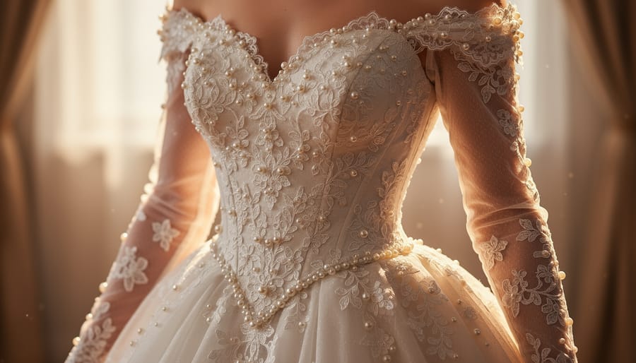 Bride in an ethereal lace wedding dress with pearl trim from the Maggie Sottero “Lost in Reverie” collection.