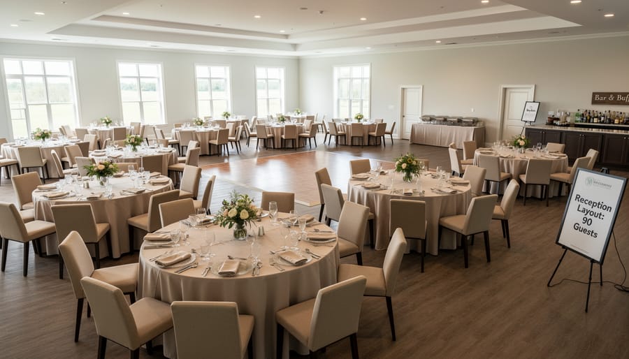 Round dining tables with white linens and simple floral centerpieces in a mid-size wedding reception hall