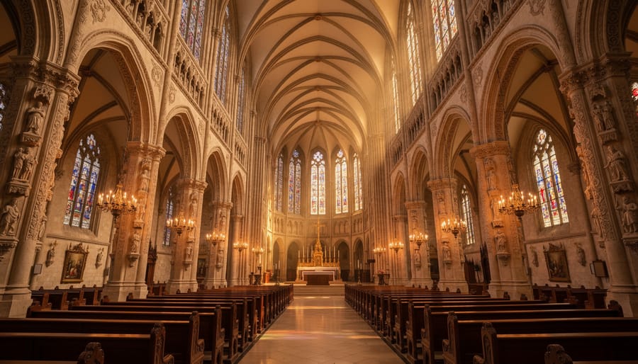 Wedding party walking through a historic stone cathedral interior with candlelight and glowing window light.