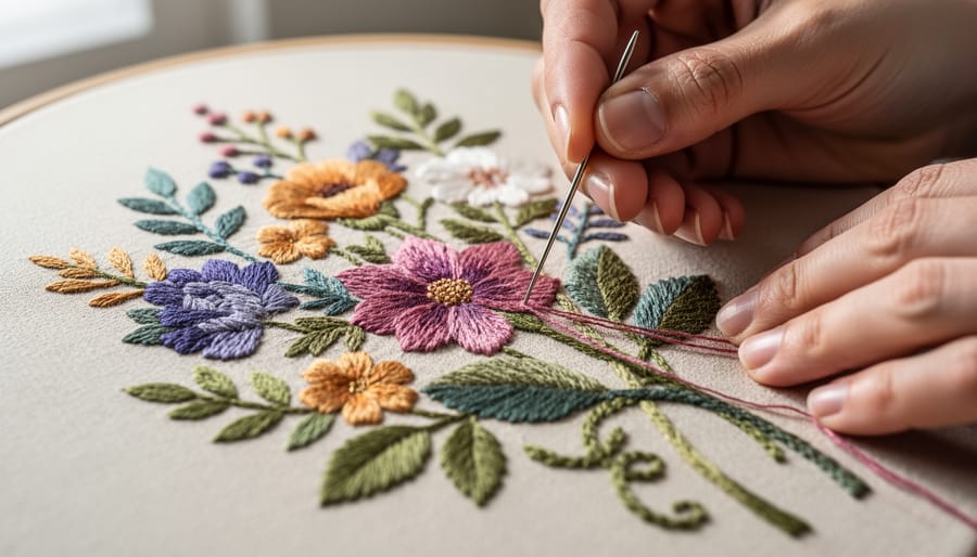 Close-up of hand-applied floral embellishments on a wedding dress with a natural fabric base.