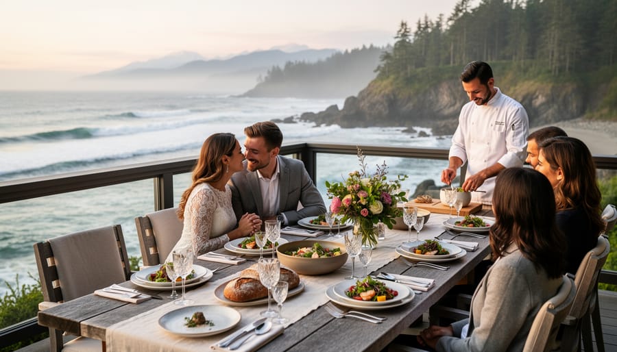 Chef plating a course on an oceanfront lodge terrace with wedding table settings and waves in the background.