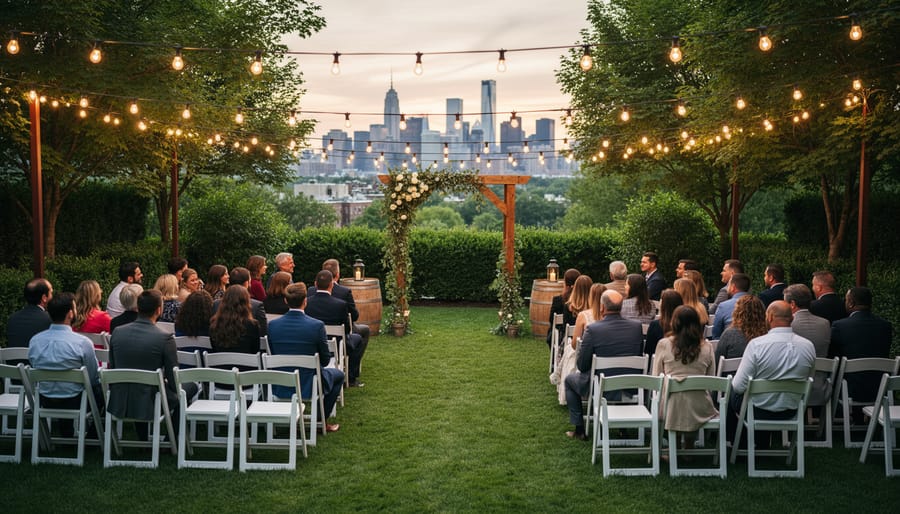 Guests and a couple at an outdoor wedding ceremony in a landscaped park with string lights and a greenery arch