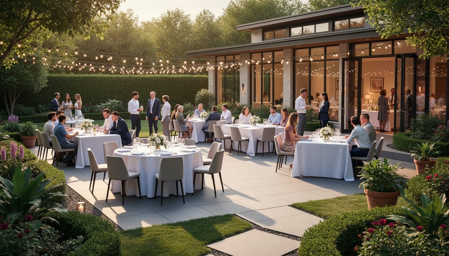 Outdoor reception table with white linens and candle centerpieces during golden hour