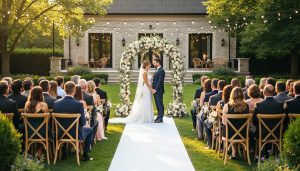 Outdoor wedding ceremony in a Toronto garden with a floral arch, a couple at the front, and guests seated on wooden chairs under warm golden-hour light.