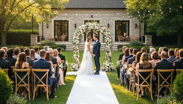 Outdoor wedding ceremony in a Toronto garden with a floral arch, a couple at the front, and guests seated on wooden chairs under warm golden-hour light.