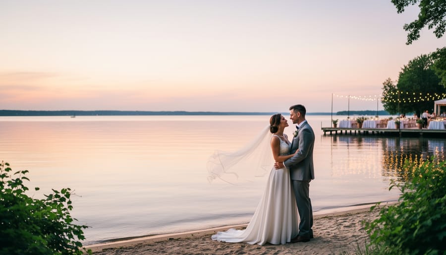 Wedding couple by a lakeside dock with golden-hour reflections on the water.