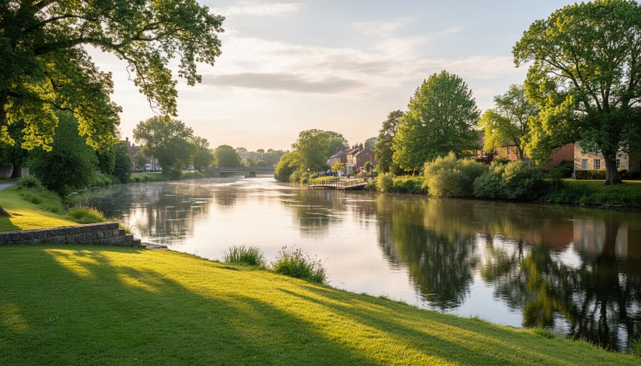 Couple on a scenic riverside path with lush trees and water in the background.