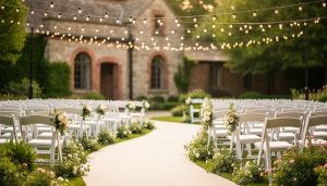 Outdoor wedding ceremony setup in a Peterborough-style garden venue with white chairs, soft string lights, and floral décor against historic brick and stone surroundings.