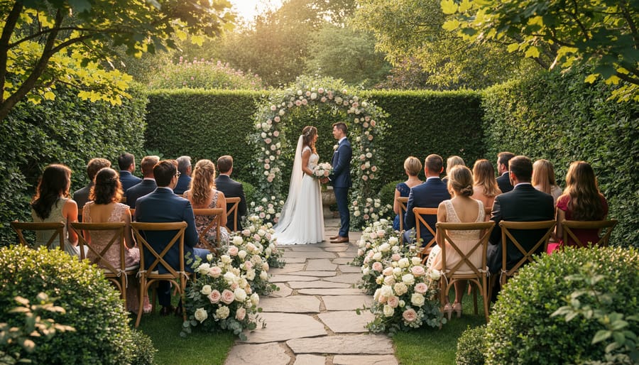 Outdoor garden wedding scene with a small ceremony area, chairs, greenery hedges, and string lights on a pathway.