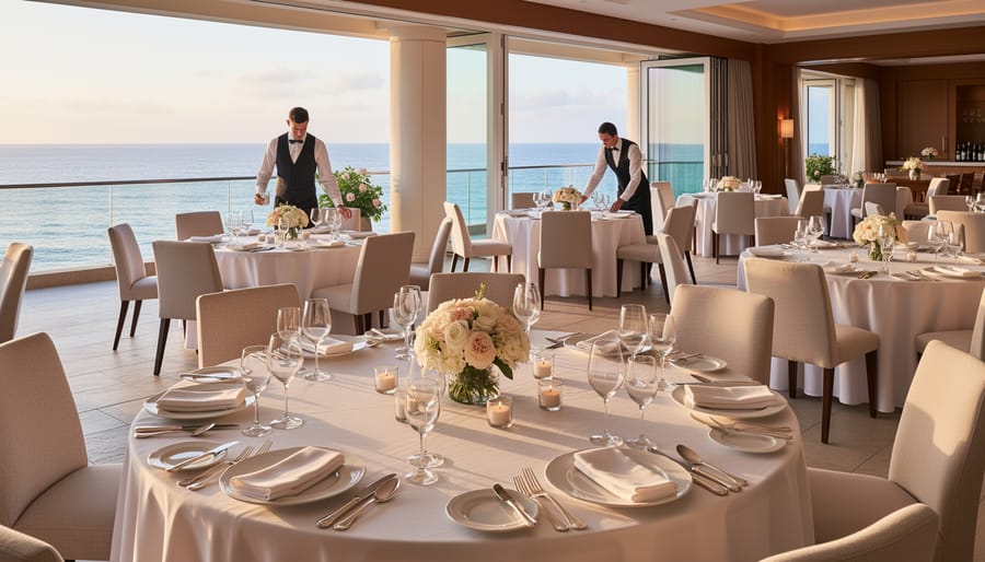 Elegant resort restaurant wedding table with fine glassware and ocean-view windows in the background.