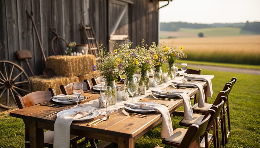 Reception table with candle lanterns in front of a rustic barn and countryside backdrop.