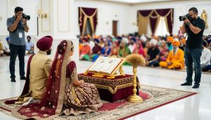 Photographers capturing an Anand Karaj ceremony inside a Gurdwara with Guru Granth Sahib Ji and wedding guests respectfully in the background.