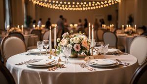 Close-up view of an elegantly set round table with candles and floral centerpiece in a warmly lit small wedding venue.