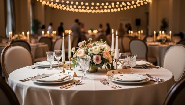 Close-up view of an elegantly set round table with candles and floral centerpiece in a warmly lit small wedding venue.