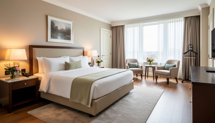 Styled hotel room with neatly made bed and bouquet representing wedding accommodations