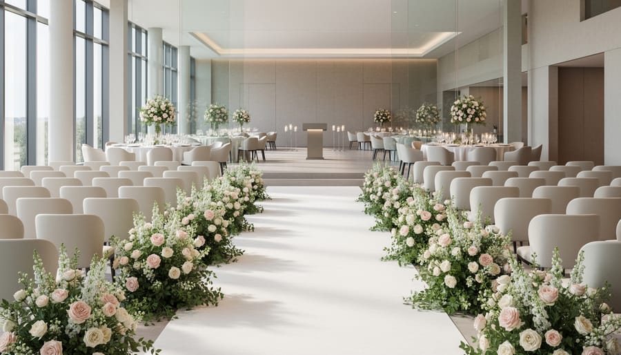 The Venue Peterborough wedding ceremony setup with a floral arch, aisle lanterns, and a couple holding hands.