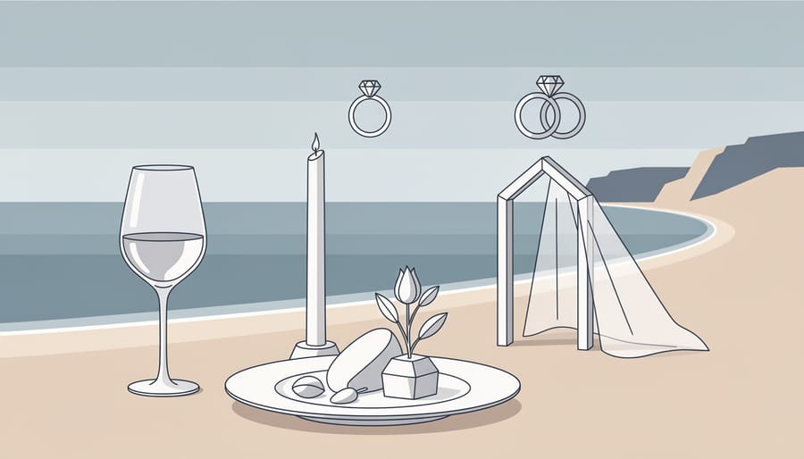 Bouquet and wine glasses on driftwood with coastal waves reflected in the background at dusk.