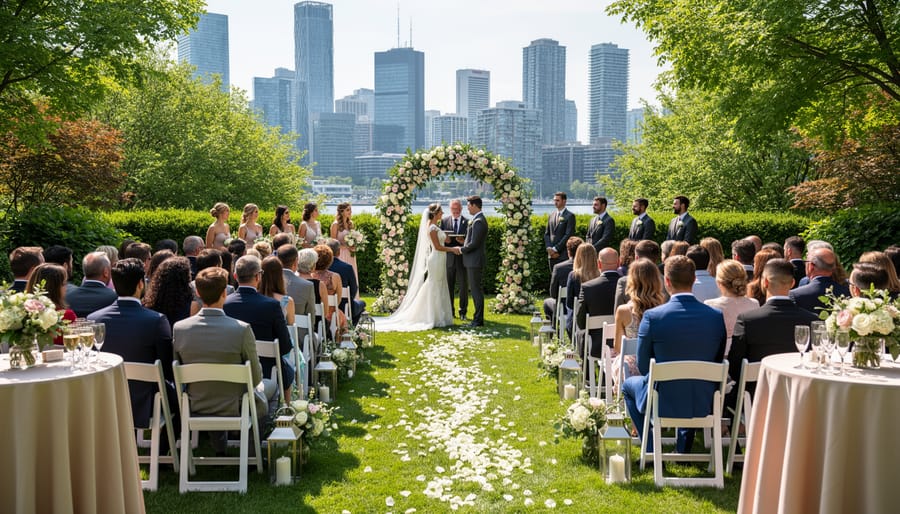 Outdoor wedding ceremony setup with a floral arch and guests seated on an aisle runner in Toronto