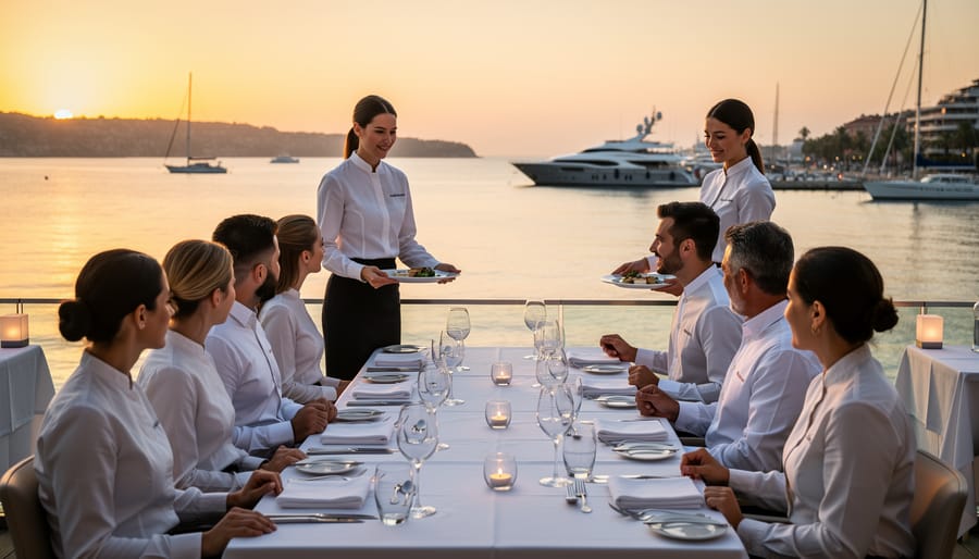 Catering cart and plated appetizers on a waterfront deck with harbor water in the background.
