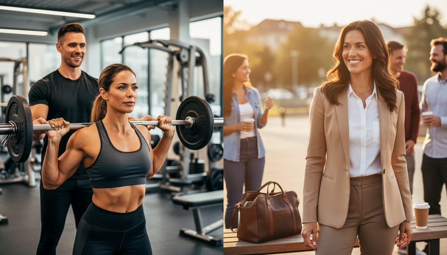 Woman adjusting her workout shoes and preparing to train in a bright studio.