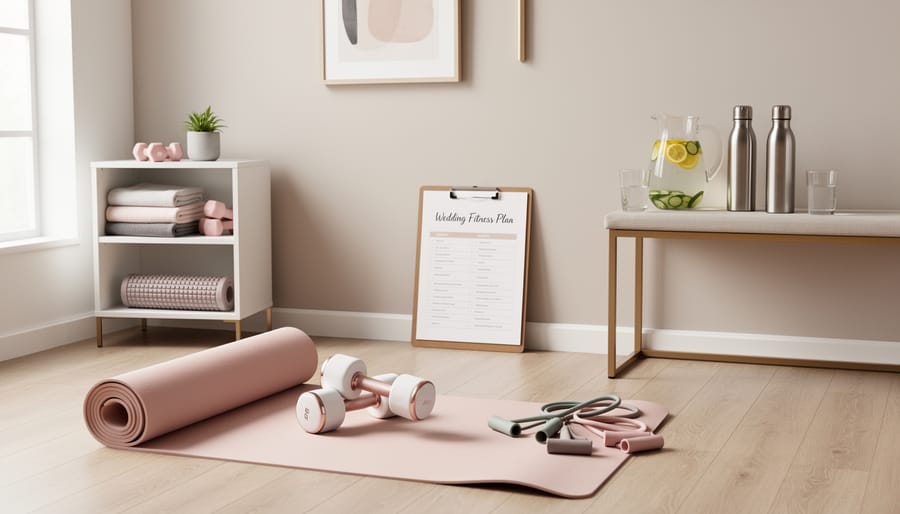 Wedding fitness toolkit laid out with workout gear, water, and a phone nearby in a bright room.