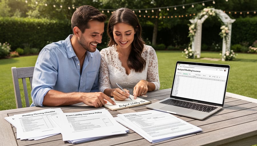 Couple and wedding planner reviewing event documents and paperwork on a table outdoors near a backyard wedding setup.