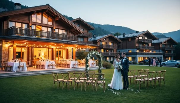 Wedding ceremony and reception area with warmly lit chalet-style guest accommodation in the background, illustrating a venue with on-site lodging.