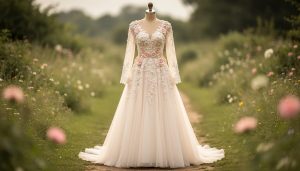 Close, straight-on view of a whimsical wedding dress with lace sleeves and hand-applied floral embellishments on a dress form in a softly blurred garden.