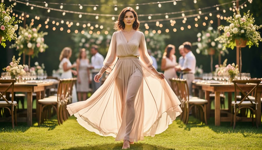 Bride wearing a Willowby flowing whimsical wedding dress in golden hour garden lighting.