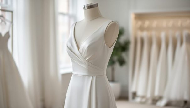 Minimalist white silk wedding dress with a low cowl back shown on a dress form in a bright boutique setting.