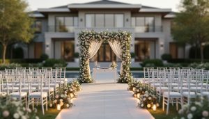 Outdoor wedding ceremony setup at Arlington Estate with white chairs, floral arch, and warm golden hour lighting in front of a modern luxury mansion.