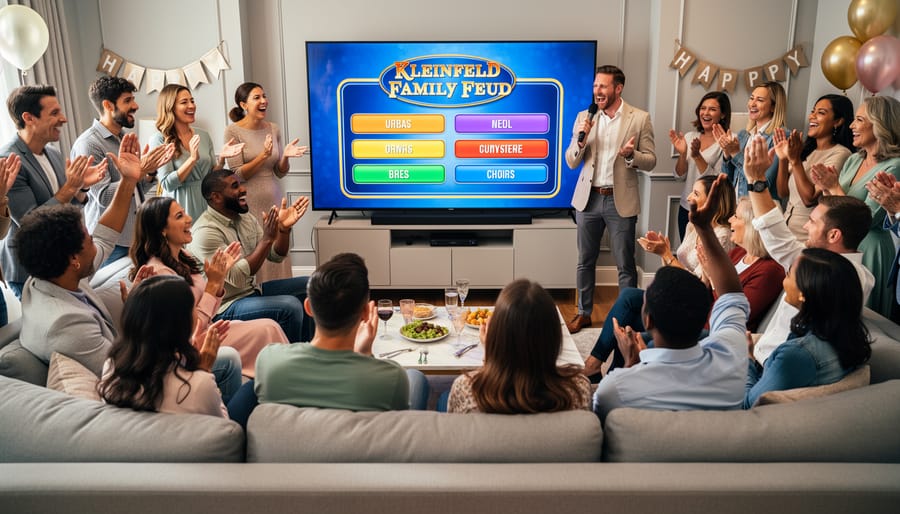 Guests at a bridal shower smiling and interacting with a buzzer-style game setup