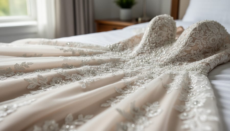Bride’s hands holding a satin wedding dress fabric swatch and draping it over a garment bag