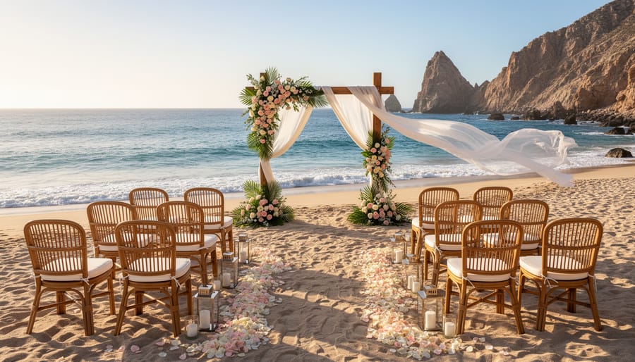 Beach ceremony setup with a white floral arch and chairs along the sand with the ocean in the background