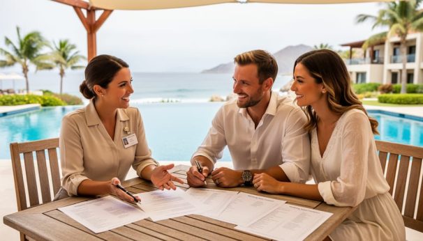 A wedding couple and coordinator review venue contract paperwork at a Cabo resort table with the ocean in the background.