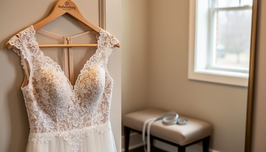 Locket-style lace wedding dress hanging in a small Amherstburg boutique fitting room next to a mirror