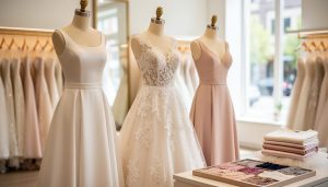 Multiple wedding dresses on mannequins in a bright boutique, showing satin and lace textures with soft natural light.
