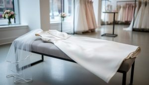 A minimalist knee-to-midi court wedding dress with a veil displayed on a bench in a bridal boutique.