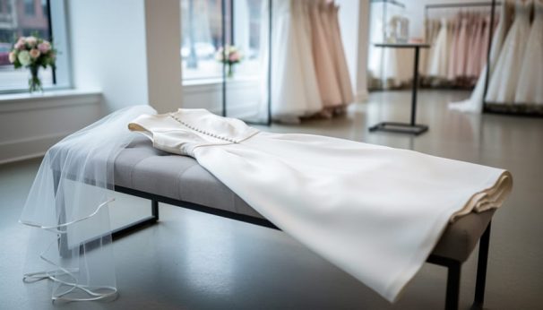 A minimalist knee-to-midi court wedding dress with a veil displayed on a bench in a bridal boutique.