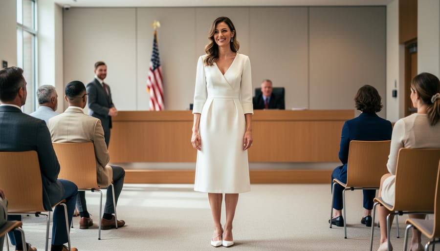 Bride in a simple A-line midi wedding dress standing at a courthouse entrance with a bouquet while her partner is beside her