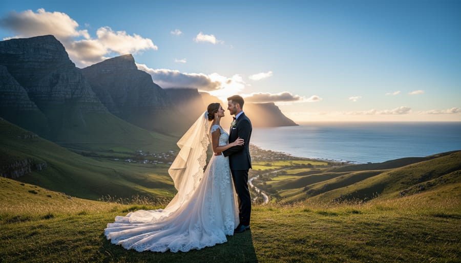 A wedding photographer kneeling near a bride and groom during golden hour overlooking the ocean