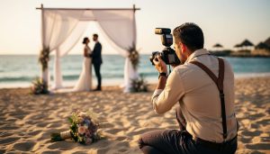 A wedding photographer kneeling on a sandy beach with a camera, capturing a destination ceremony with a couple’s silhouettes in the distance at golden hour.
