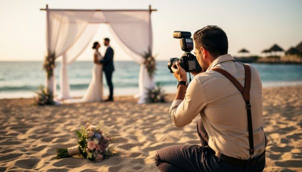 A wedding photographer kneeling on a sandy beach with a camera, capturing a destination ceremony with a couple’s silhouettes in the distance at golden hour.