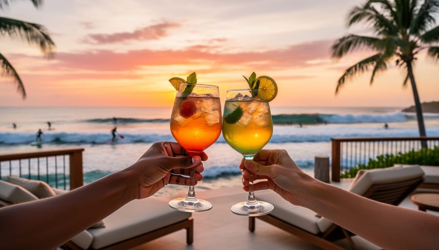 Couple toasting at a sunset reception at Dreams Bahia Mita with beach and ocean atmosphere in the background