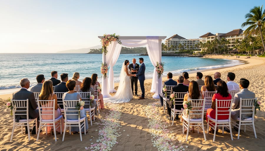 Bride and groom silhouettes at a beachfront ceremony setup with floral arch and Pacific Ocean backdrop at Dreams Vallarta Bay Resort & Spa