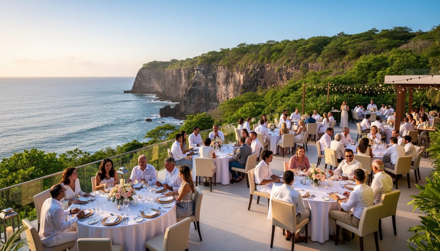 Luxury wedding reception tables on a clifftop terrace with ocean views at Garza Blanca Preserve Resort & Spa