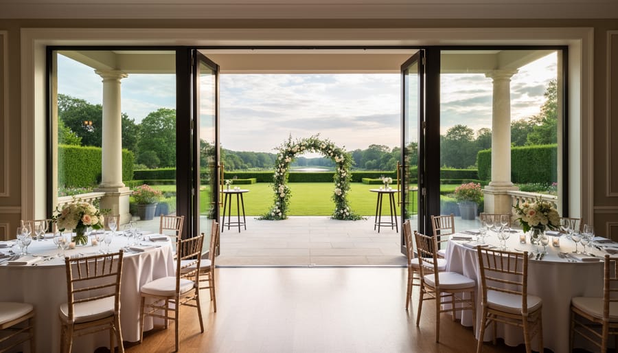 View from inside a modern venue doorway toward an outdoor patio and ceremony lawn with landscaped greenery