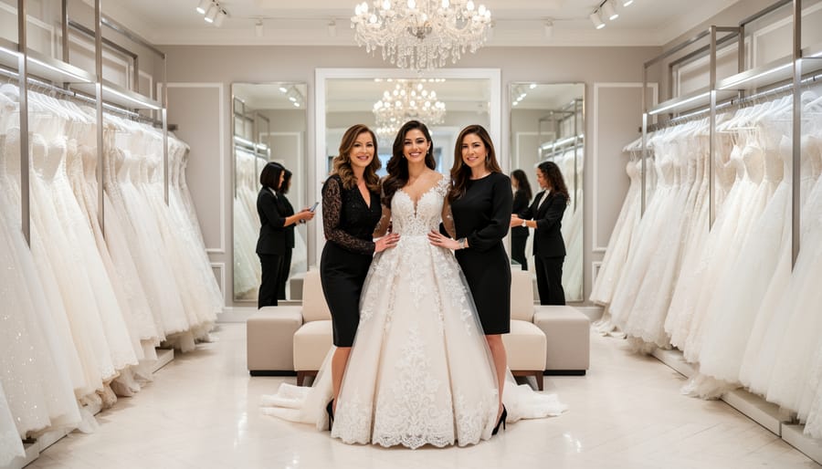 White ballgown on a bridal salon mannequin with hanging garment bags and tulle fabric in the background