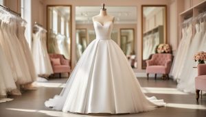 White wedding gown on a mannequin in a glamorous bridal salon with hanging garment bags and tulle in the background, creating a Kleinfeld-inspired atmosphere.