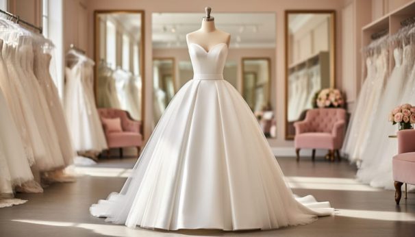 White wedding gown on a mannequin in a glamorous bridal salon with hanging garment bags and tulle in the background, creating a Kleinfeld-inspired atmosphere.